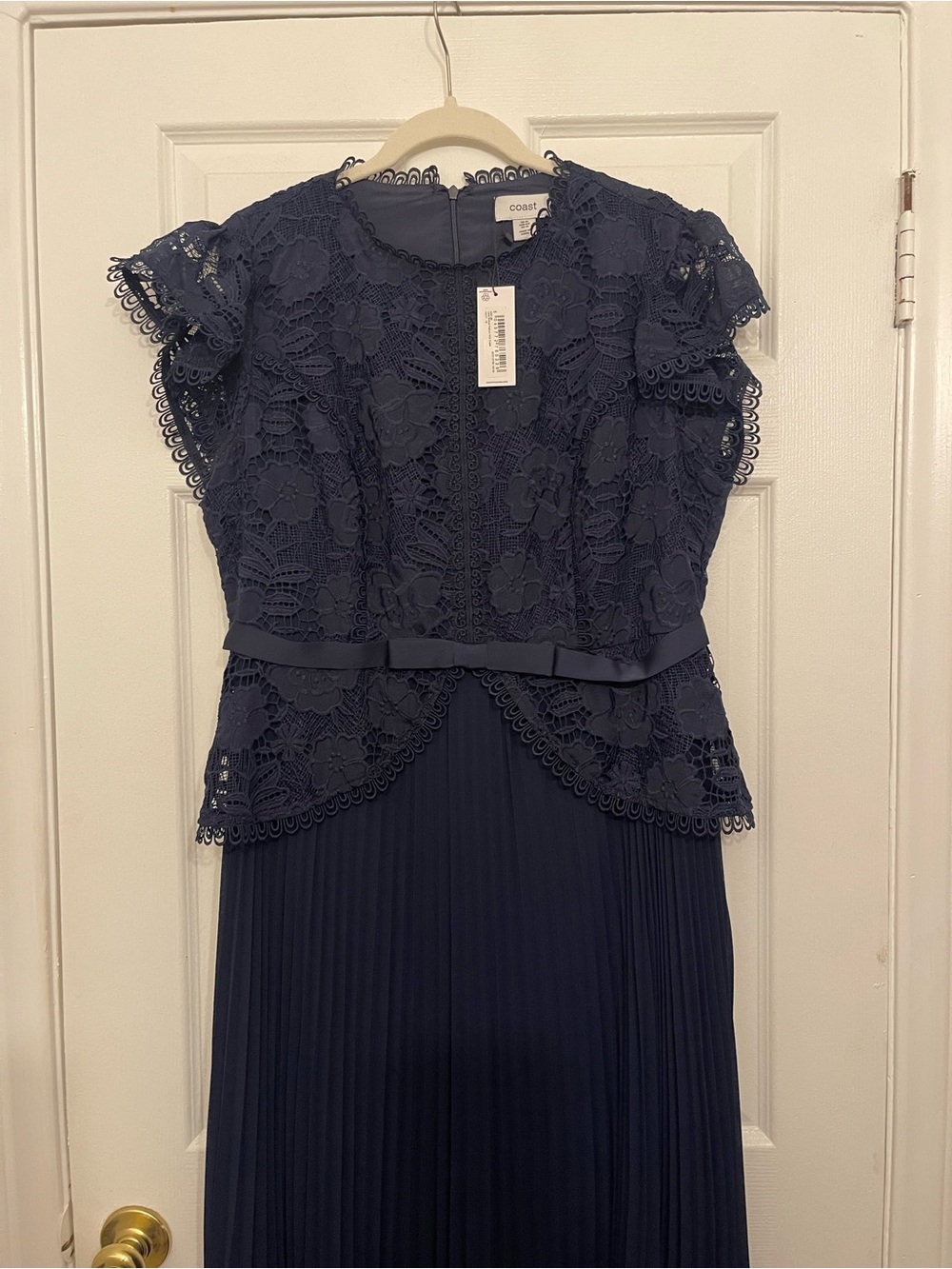 Coast Navy Lace & Pleated Midi Dress with Waist Ribbon - Picture 2 of 5